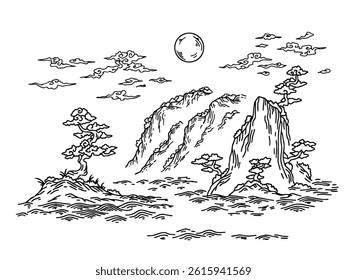 Design Outline Illustration Chinese Mountain Landscape Painting