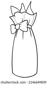 Design in outlines of slim and long pouch gift , sealed with tight bow tie, ready to color it.