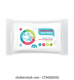 Design of the package of antibacterial wipes for hands, a sign of protection from bacteria, viruses covid-19, coronaviruses, mockup vector