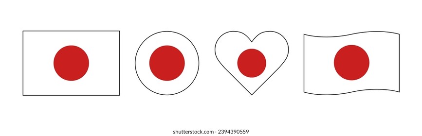 Design package of various shapes of the Japanese flag. The Japanese flag has a white composition with a red circle in the middle in rectangular, round, love and wavy shapes. Asian country flags
