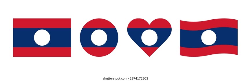 Design package of various shapes of the Laotian flag. The Laos flag has a horizontal arrangement of red and blue with a white circle in the middle in rectangular, round, love and wavy shapes