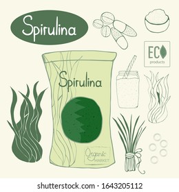 Design for packaging. Algae, spirulina. Tablets with algae, spirulina powder. Smoothies and liquid spirulina.Vegetarian food.Vector illustration.