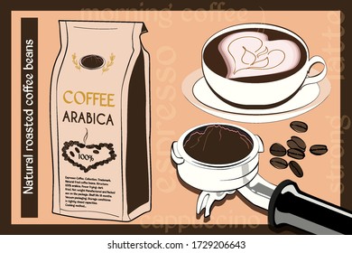 Design packaging coffee, grains, coffee machine, espresso cup. Stylish illustration suitable for decoration, design, printing.