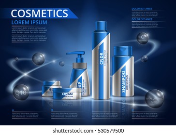 Design packaging for cosmetics. Vector illustration of an item for the body. Set on a blue background