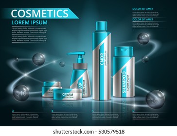 Diseño de envases para cosméticos. Ilustración vectorial de un elemento para el cuerpo. Establecer en un fondo verde