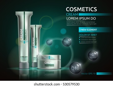 Design packaging for cosmetics. Vector illustration of a cream for body care. Set on a green background