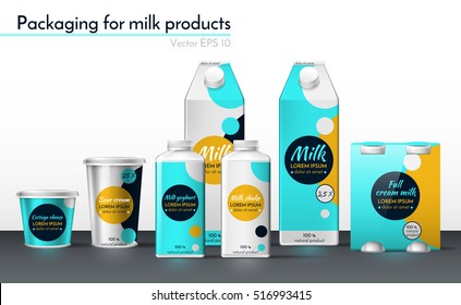 Design packaging for milk products. Realistic vector illustration. Template for design. The color of turquoise, orange and white