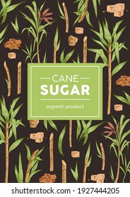 Design of packaging with sugarcane pattern on black background. Vertical packing template with branches, leaves and cubes of cane sugar. Hand-drawn colored vector illustration in retro style