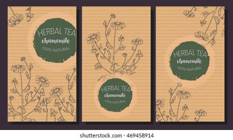 Design of packing of camomile tea. Three bags of herbal tea. Example of branding, design of packages. Vector illustration
