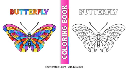 Design of Page for Coloring Book with Cartoon Butterfly for Child's Development. Monochrome Contour and Colorful Objects. Hand Drawing Illustration Butterfly for Kids Activity.