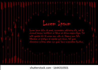 Design page, frame in the form of a frame of arrows of red color and different sizes. On a black background. Text lorem ipsum. For gothic retro cards, invitations, sites, in the vampire dark style