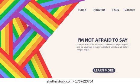 design for page layout, website and mobile apps, rainbow flag, LGBT + symbol, space for information, and site navigation buttons