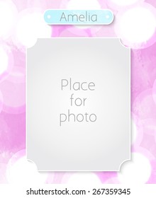 Design page template for the album. Frame for photo on pink watercolor background with bokeh