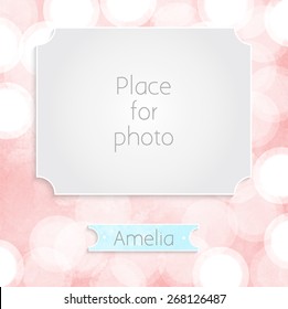 Design Page Template For The Album. Frame For Photo On Pink Watercolor With Bokeh Background