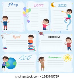 The design of the page template to children's weekly  planner . Happy kids vector illustration.