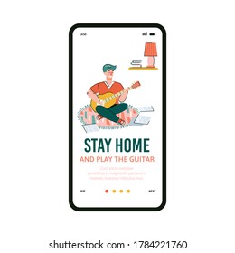 Design of a page template for a mobile app for people's daily activity. The musician plays the guitar and sings songs. The man is quarantined and engaged in Hobbies.