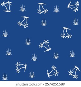 Design in palm tree pattern with bushes and waves reminiscent of beach holidays, with doodles and spring-toned backgrounds. Miniprint made with surfer-style texture.