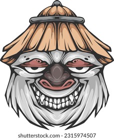 The design of a panda's face that is smiling and wearing a hat made of wood