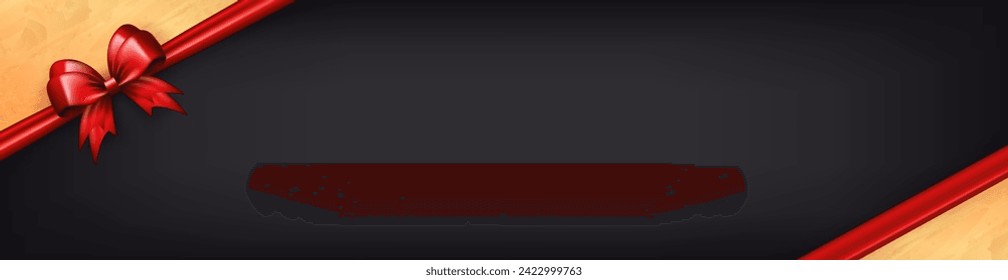 Diseño de banner panorámico (cabecera) con cinta de arco rojo brillante en la esquina, marco dorado y espacio de copia para texto sobre fondo negro. Tarjeta de bienvenida de lujo o caja de regalo con arco 3d y lugar vacío
