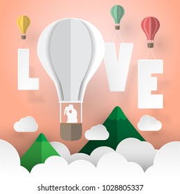 Design paper art concept of love calligraphy and lettering, valentines day concept, vector illustration.