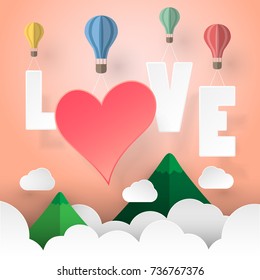 Design paper art concept of love calligraphy and lettering, valentines day concept, vector illustration.