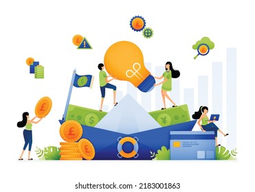 Design of paper boat filled with money to travel and discover new ideas. leader challenge team to collaboration. Illustration for landing page website poster banner mobile apps web social media ads
