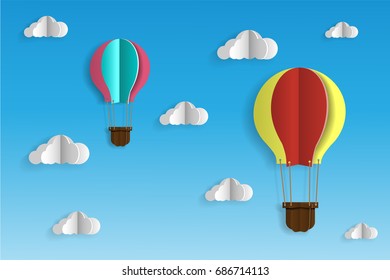 Design is paper cut, balloon in the sky with blue  background