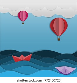 Design is paper cut, balloon in the sky with blue  background.vector illustration