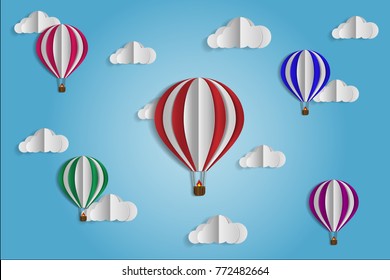 Design is paper cut, balloon in the sky with blue  background.vector illustration