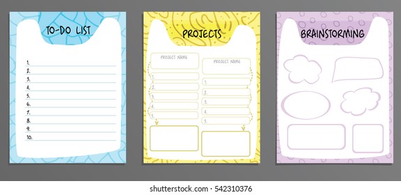 Design paper for notebook. 3 blank template paper in vector with hand drawn elements and text