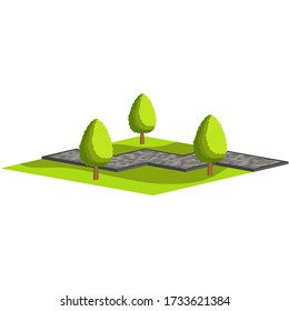 Diseño de una zona de parque.Camino desde losas de pavimento con árboles y hierba.Vista isométrica vectorial y 3D.	