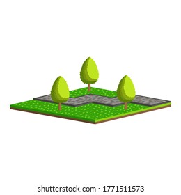 Design of a park zone.Walking path from paving slabs with trees and grass.Vector isometric and 3D view.	