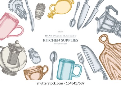 Design with pastel Chef's knifes, teaspoon, spoon, fork, knife, cutting board, bottle of oil, teapots, coffee pot, cups, sugar bowl, pepper shaker, salt shaker