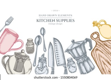 Design with pastel Chef's knifes, teaspoon, spoon, fork, knife, cutting board, bottle of oil, teapots, coffee pot, cups, sugar bowl, pepper shaker, salt shaker