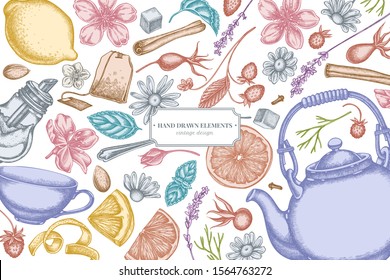 Design with pastel cinnamon, lemons, oranges, tea bag, sugar cubes, heather, chamomile, dog rose, peppermint, almond, strawberry, teaspoon, teapots, cups, sugar bowl