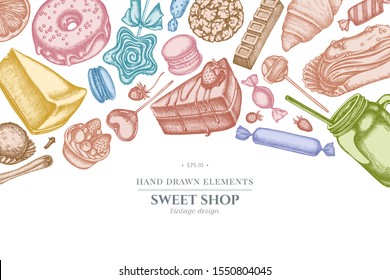 Design with pastel cinnamon, macaron, lollipop, bar, candies, oranges, buns and bread, croissants and bread, strawberry, milk boxes, smoothie cup, lollipop, smoothie jars, cheesecake, eclair and cupcake