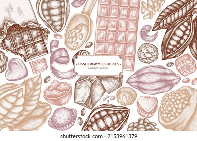 Design with pastel colored cocoa beans, cocoa, chocolate, chocolate candies