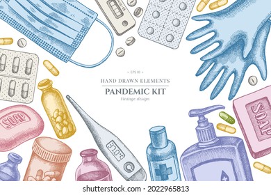 Design with pastel colored pills and medicines, medical face mask, sanitizer bottles, medical thermometer, coronavirus rapid test, soap, medical gloves