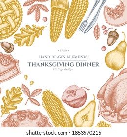 Design with pastel colored pumpkin, fork, knife, pears, turkey, pumpkin pie, apple pie, corn, apples, rowan, maple, oak