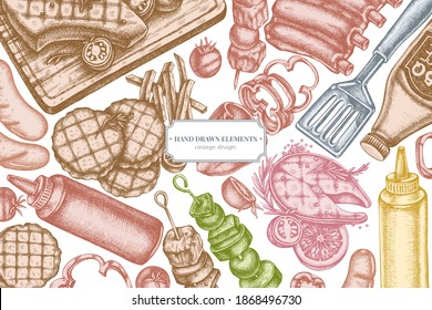 Design with pastel colored spatula, Pork ribs, kebab, sausages, steak, sauce bottles, grilled burger patties, grilled tomato, grilled salmon steak, grilled bell pepper