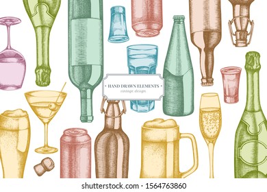 Design with pastel glass, champagne, mug of beer, alcohol shot, bottles of beer, bottle of wine, glass of champagne, glass of wine, glass of martini, aluminum can