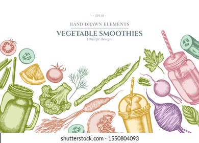 Design with pastel lemons, broccoli, radish, green beans, cherry tomatoes, beet, greenery, carrot, basil, pumpkin, smoothie cup, smoothie jars, cucumber and celery
