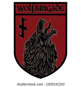 Design patch. Heraldic shield with a Werewolf and rune Wolfsangel, isolated on white, vector illustration