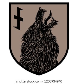 Design patch. Heraldic shield with a Werewolf and rune Wolfsangel, isolated on white, vector illustration