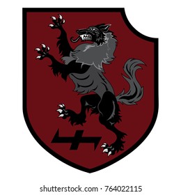 Design patch. Heraldic shield with a Werewolf, and rune Wolfsangel, isolated on white, vector illustration