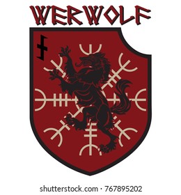 Design patch. Heraldic shield with a Werewolf, Helm of Awe and rune Wolfsangel, isolated on white, vector illustration