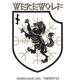 Design patch. Heraldic shield with a Werewolf, Helm of Awe and rune Wolfsangel, isolated on white, vector illustration