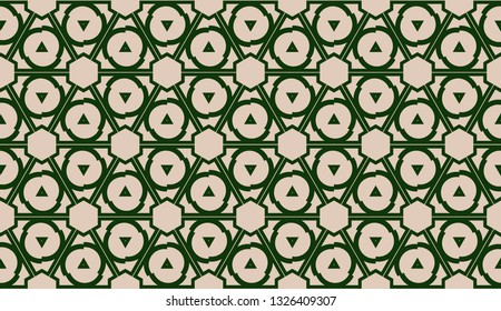 Design pattern with abstract modern ornament. Triangles style. Vector illustration. Green, brown color. Seamless.