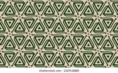 Design pattern with abstract modern ornament. Triangles style. Vector illustration. Green, brown color. Seamless.