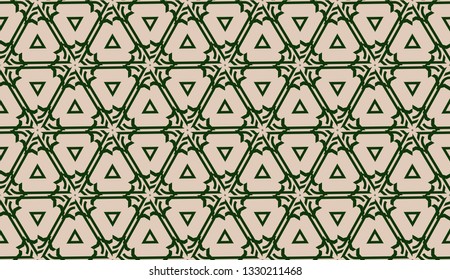 Design pattern with abstract modern ornament. Triangles style. Vector illustration. Green, brown color. Seamless.
